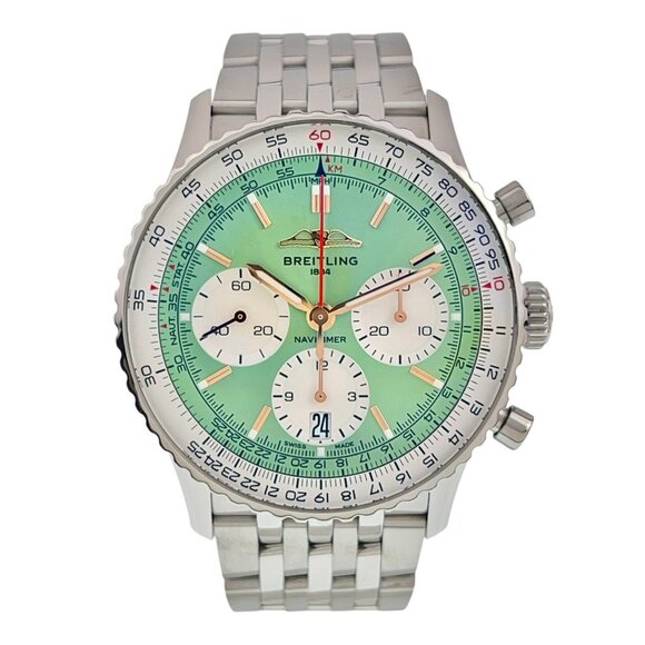 Breitling Navitimer Stainless Steel Green Dial 41mm Automatic Men’s Watch AB0139 - Picture 1 of 9